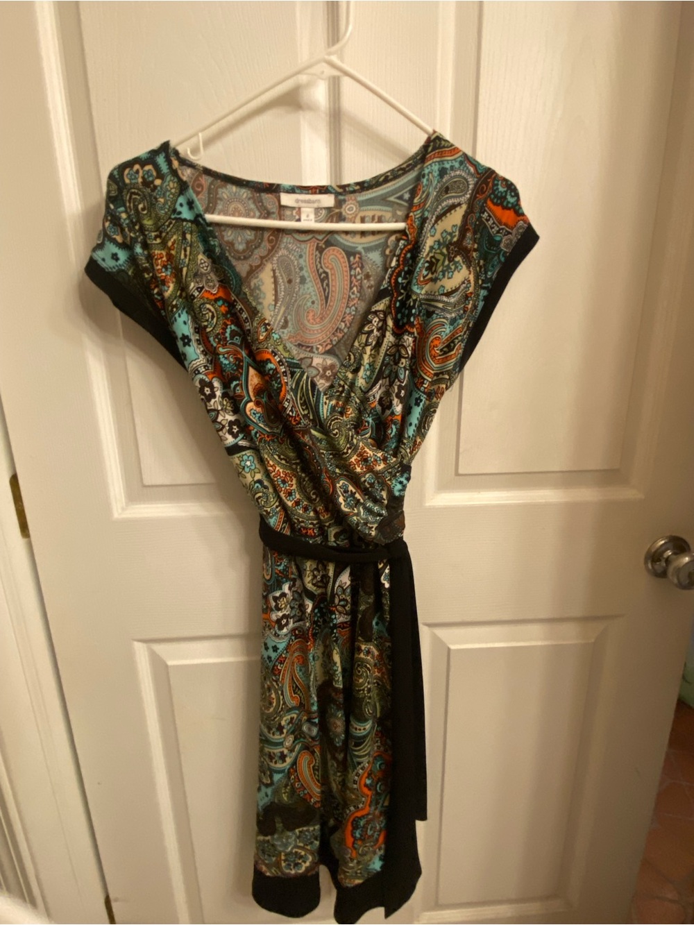 Dress Barn great transition colors Paisley faux top Wrap Dress with Black Trim